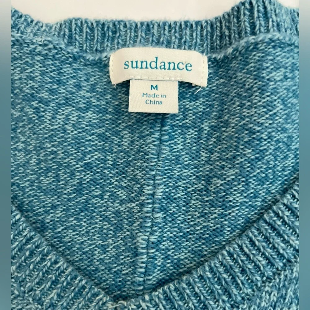 Sundance Turquoise Blue Sweater Women Medium M Cotton Silk V Neck Ribbed Soft